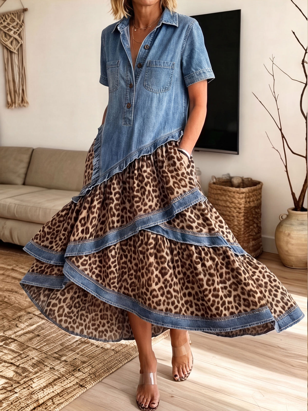 Women's Denim Leopard Patchwork Asymmetrical Tiered Maxi Dress With Pockets
