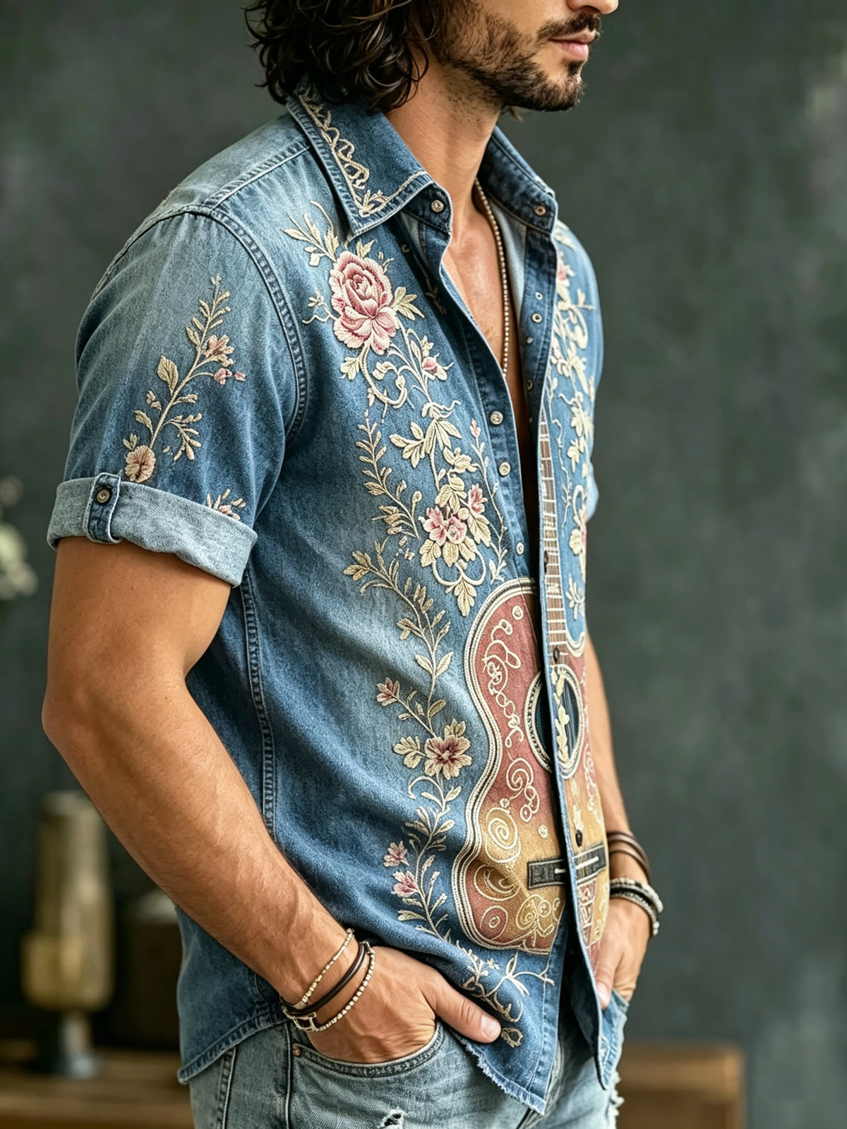 Men's Denim Floral Guitar Print Button-Up Shirt