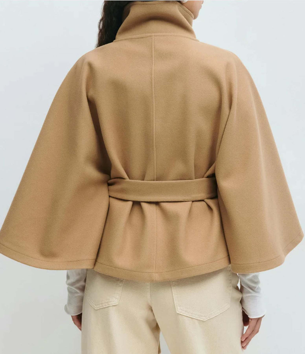 Cape Sleeve Belted Wool Blend Coat Stand Collar Button Wrap Jacket