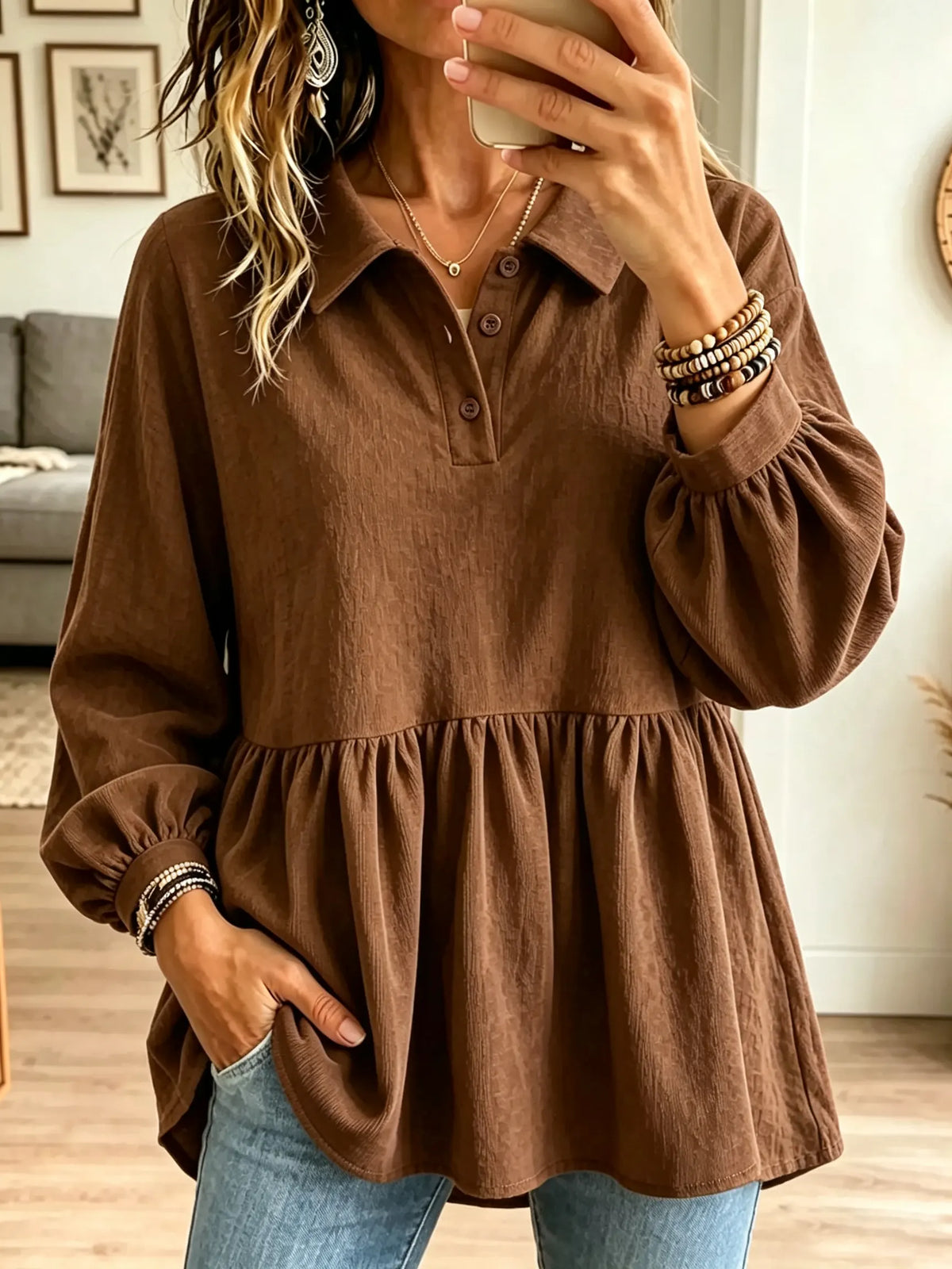 Women's Henley Corduroy Tunic Blouse