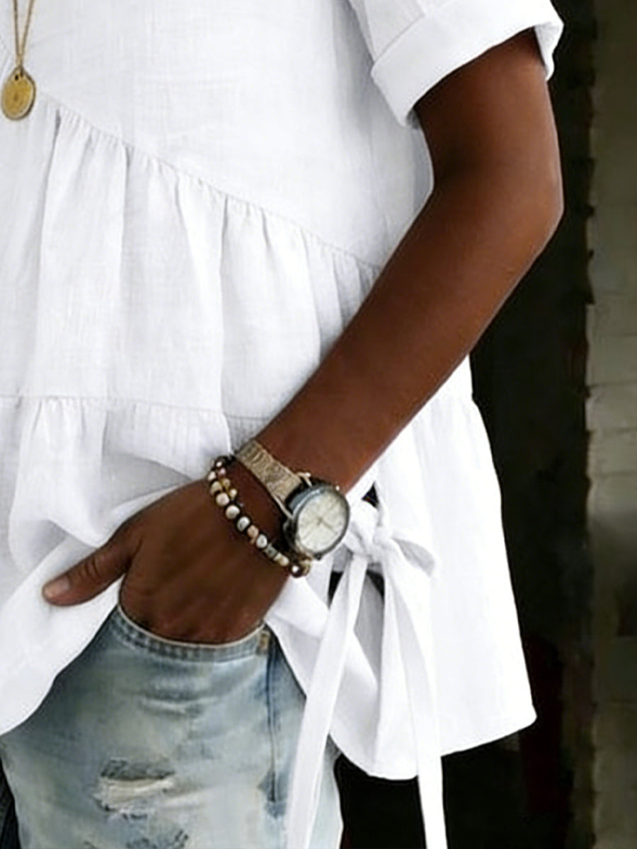 Women's Round Neck Cotton Linen Solid Color Loose Short-sleeved Shirt