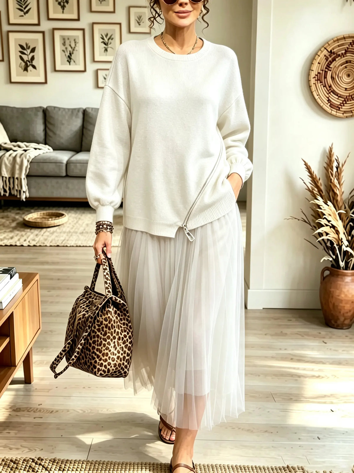 Women's Zipper Accent Sweater Tulle Midi Dress