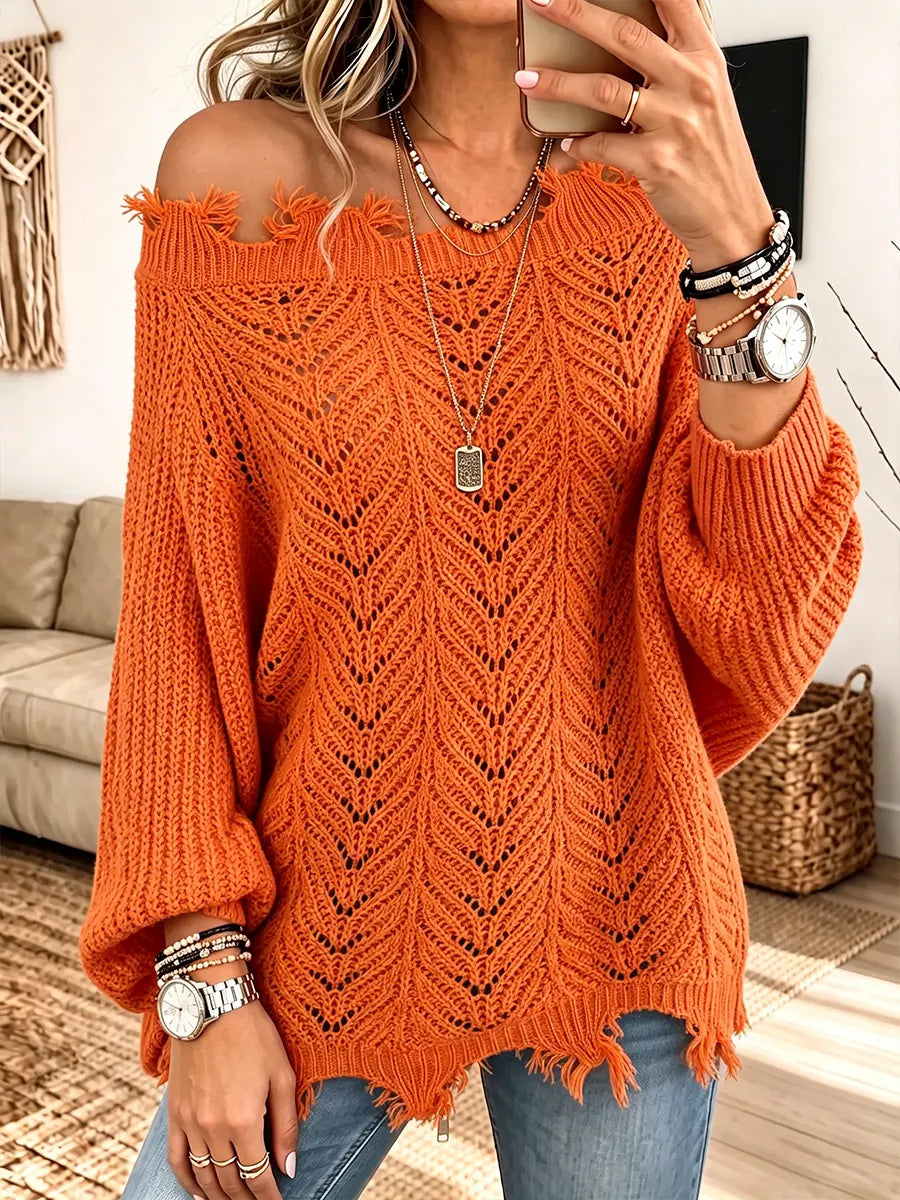 Women’s Distressed Raw-edge One-shoulder Hollow Knit Sweater