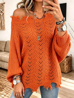 Women’s Distressed Raw-edge One-shoulder Hollow Knit Sweater