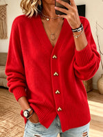 Women Red V‑neck Knit Heart‑shape Gold Button Long Sleeve Sweater Cardigan