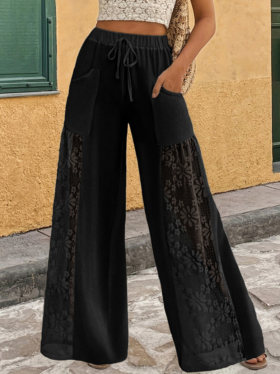 Women's Solid Color Floral Lace Stylish Art Casaul Wide Leg Pants