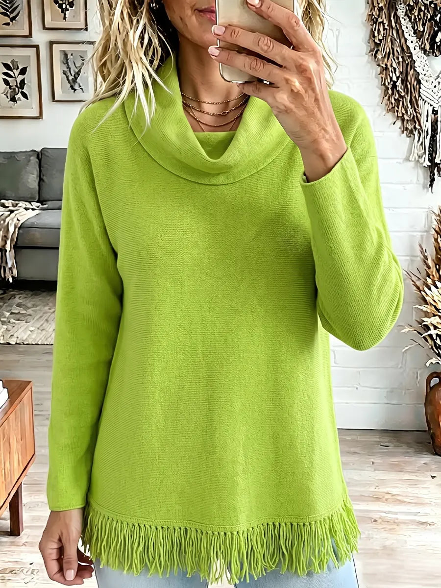 Women's Vintage Elegant Mock-neck Knit Fabric Splicing Tassel Sweater