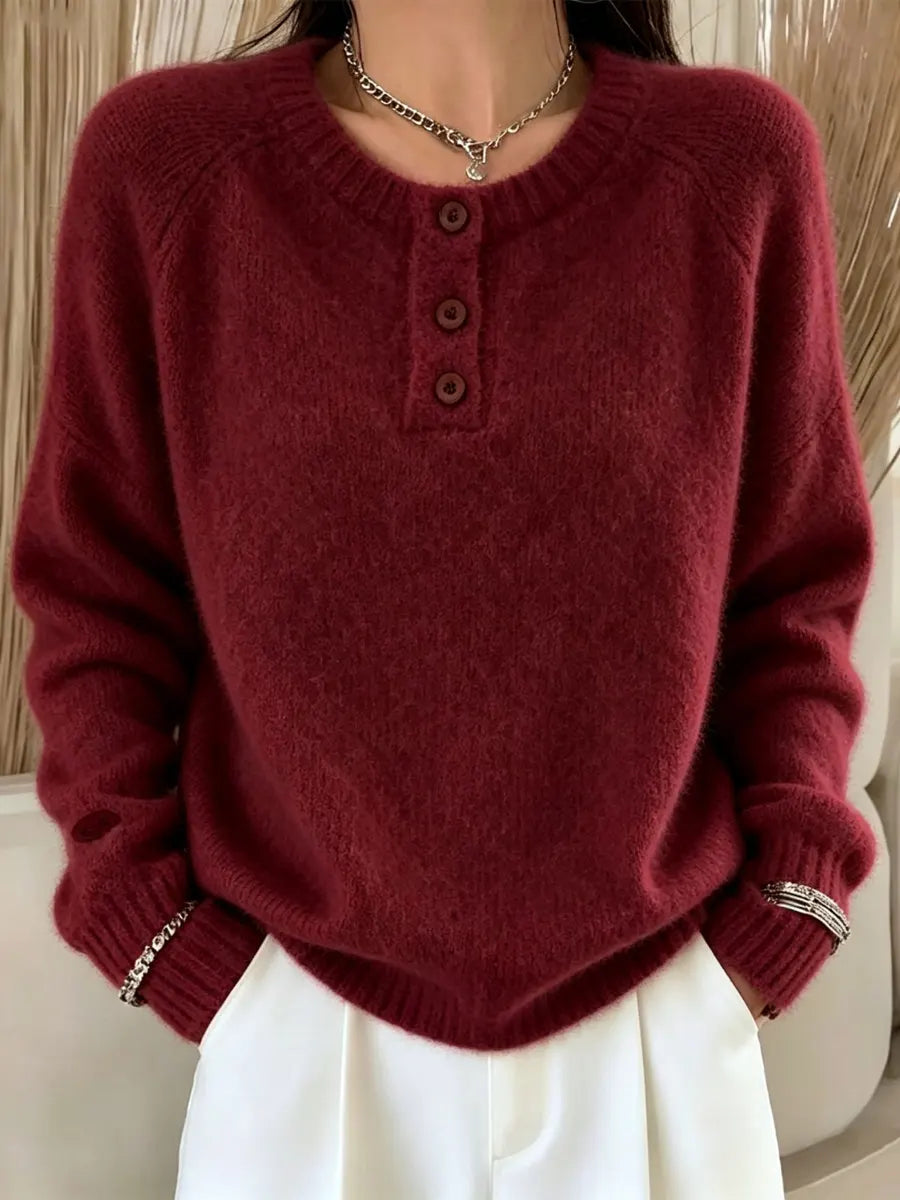 Retro Elegant Button Round Neck Art Casual Stylish Long Sleeve Knitted Sweater