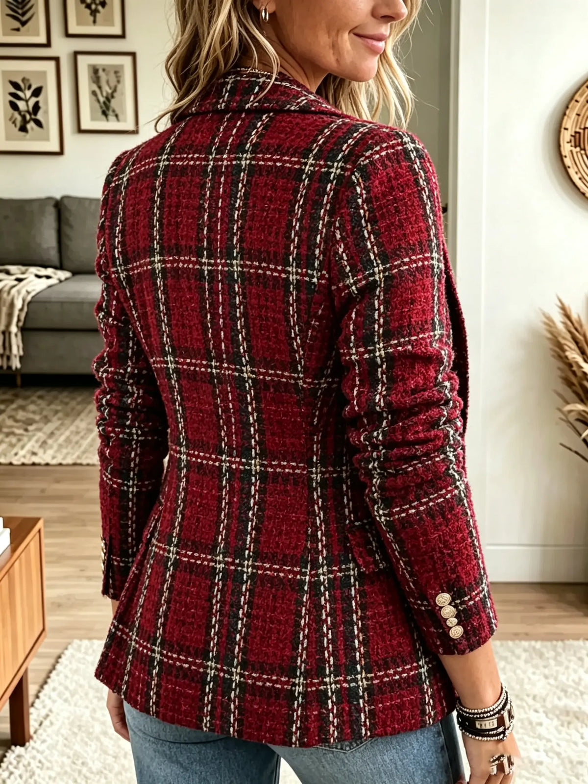 Women's Double-Breasted Plaid Tweed Blazer