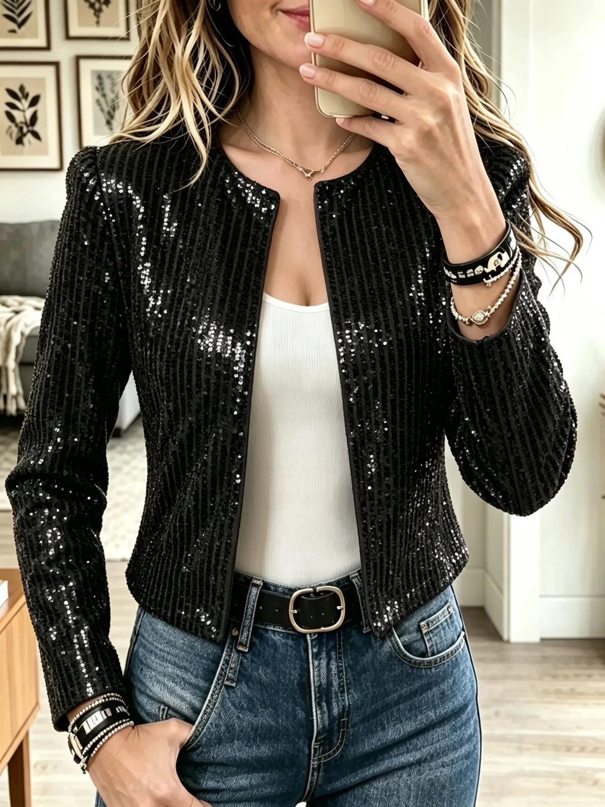 Women's Sequin Open-Front Cropped Blazer Jacket