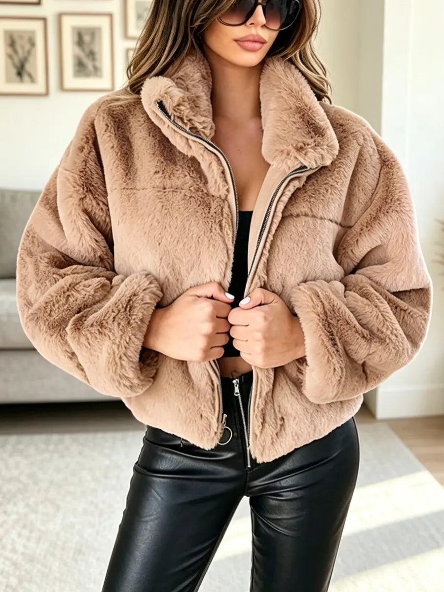 Retro Warm Fur Art Casual Stylish Lapel Zip Long Sleeve Coat
