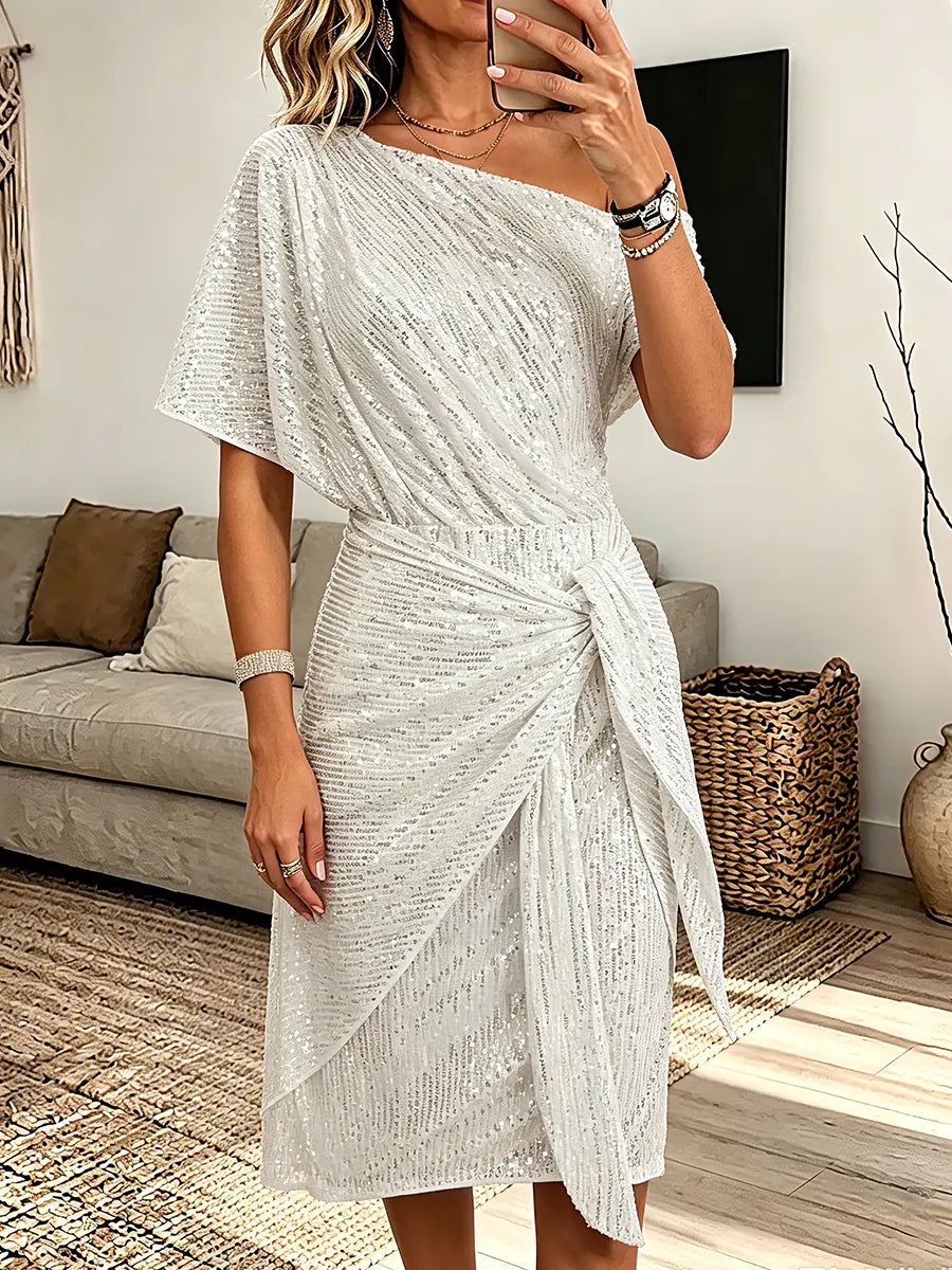 Vintage Elegant Sequined Off-shoulder Irregular Tie-up Dress