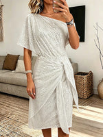 Vintage Elegant Sequined Off-shoulder Irregular Tie-up Dress