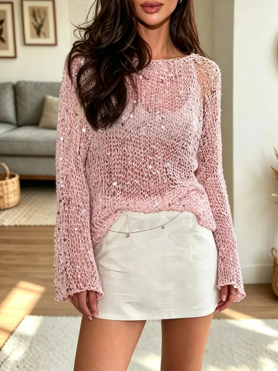Retro Chic Sequins Knit Hollow Art Casual Stylish Long Sleeve Top