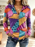 Vintage Patchwork Zip Art Casual Stylish Hooded Long Sleeve Top