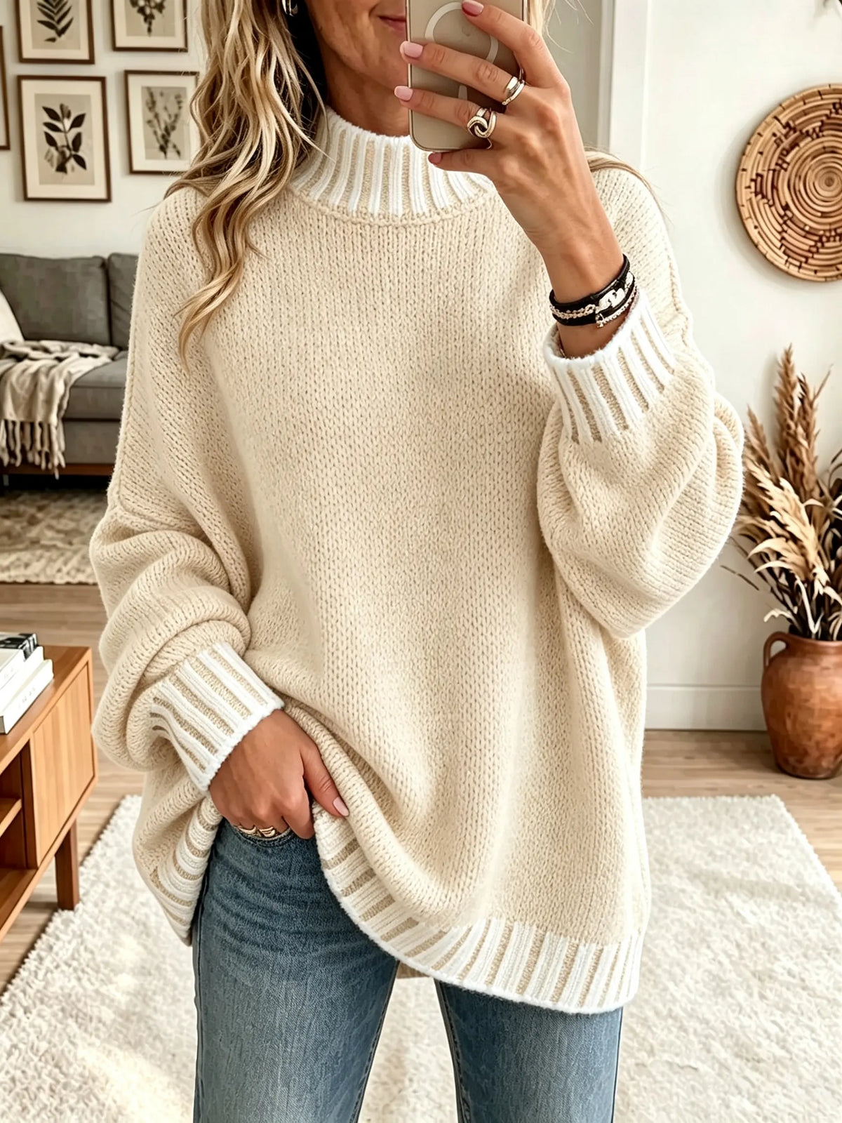 Women's Striped Trim Mock Neck Sweater