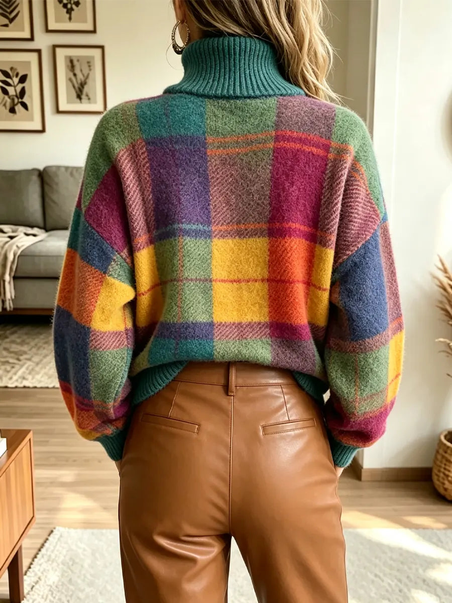Retro Plaid Pattern Turtleneck Art Casual Stylish Long Sleeve Knit Sweater