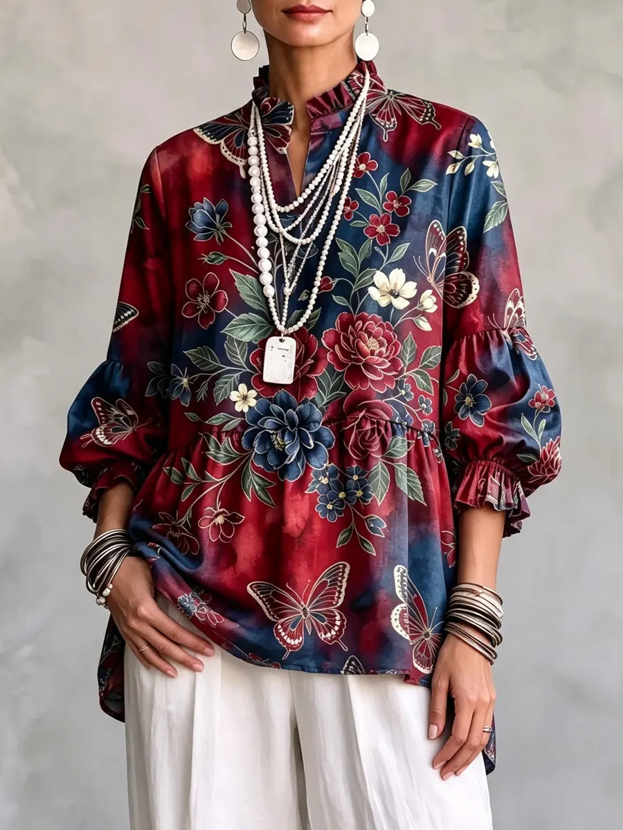 Retro Floral Butterfly Art Pattern Print Ruffle Casual Stylish Cotton Linen Shirt