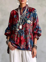 Retro Floral Butterfly Art Pattern Print Ruffle Casual Stylish Cotton Linen Shirt