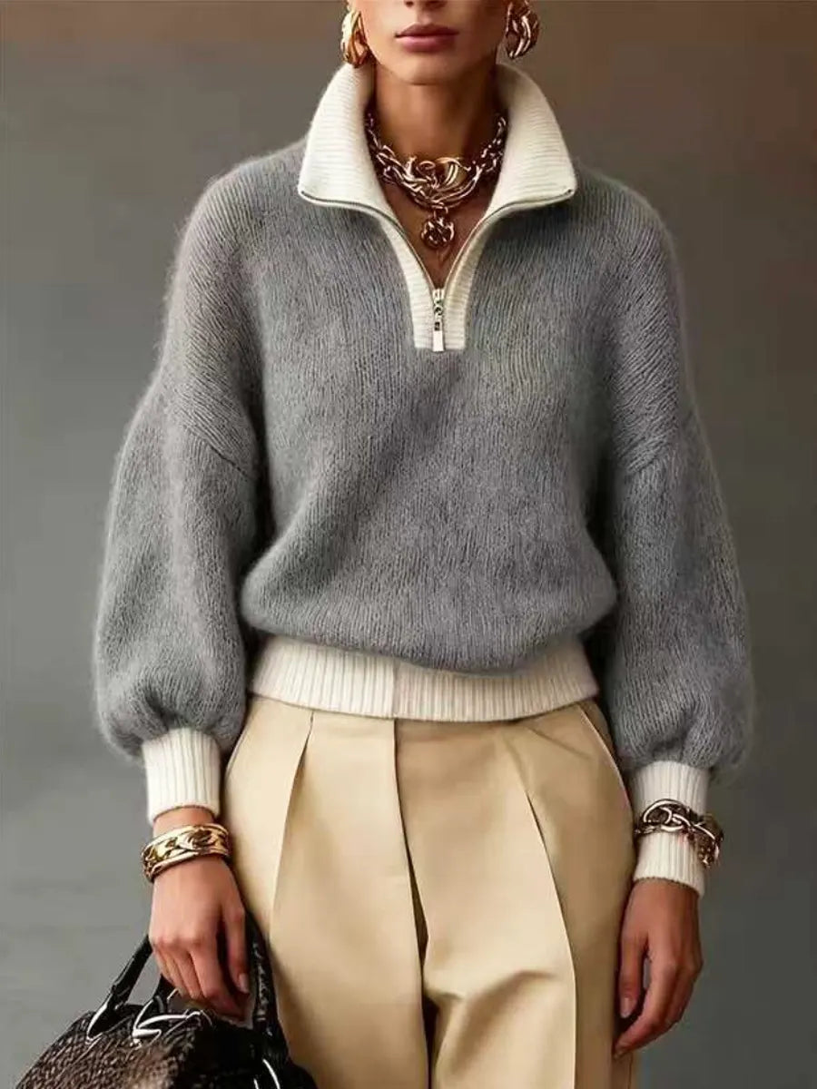 Retro Zip Color Block Art Casual Stylish Long Sleeve Knitted Sweater
