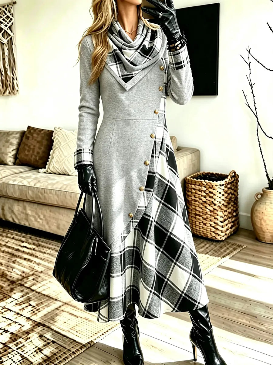 Women's Plaid Patchwork With Buttons Pockets Ruffled Neck Long-sleeve Dress