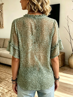 Women's Sheer Leopard Ruffle Short Sleeve Blouse
