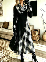 Women's Plaid Patchwork With Buttons Pockets Ruffled Neck Long-sleeve Dress