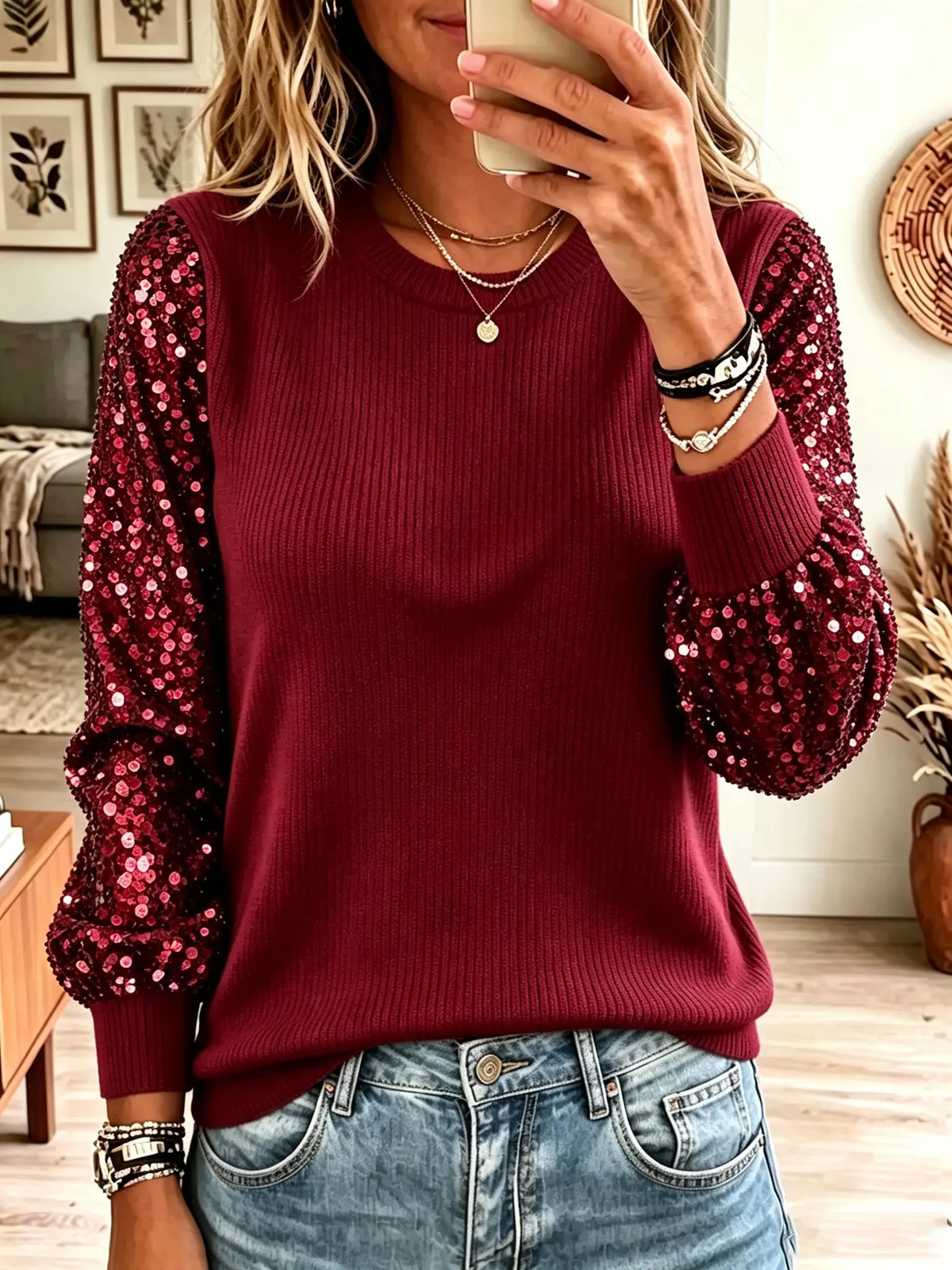 Women's Sequin Balloon Sleeve Ribbed Sweater