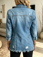 Women's Frayed Raw Hem Double-Breasted Denim Blazer