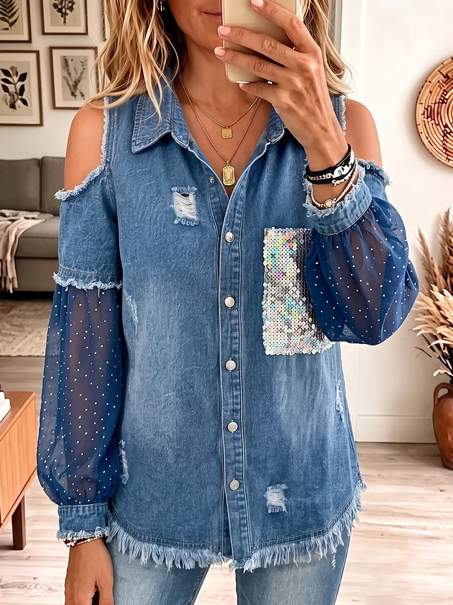 Vintage Elegant Denim Patchwork Sheer Mesh Off-shoulder Shiny Shirt