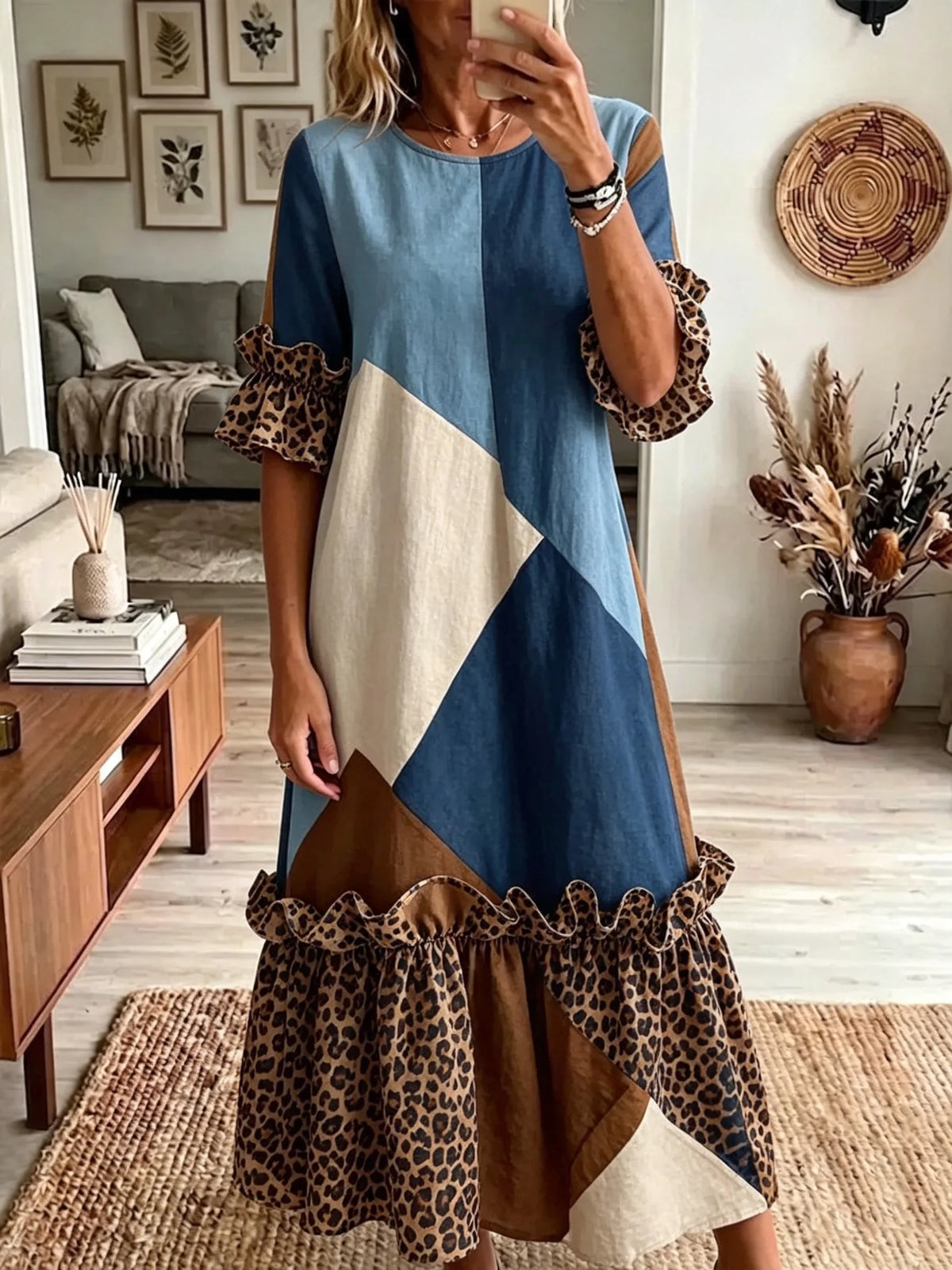 Women's Denim Blue Geometric Color Block Leopard Patchwork Ruffle Sleeve Midi Dress
