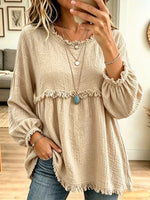 Vintage Elegant Cotton And Linen Frayed Edge Patchwork Long Sleeve Shirt