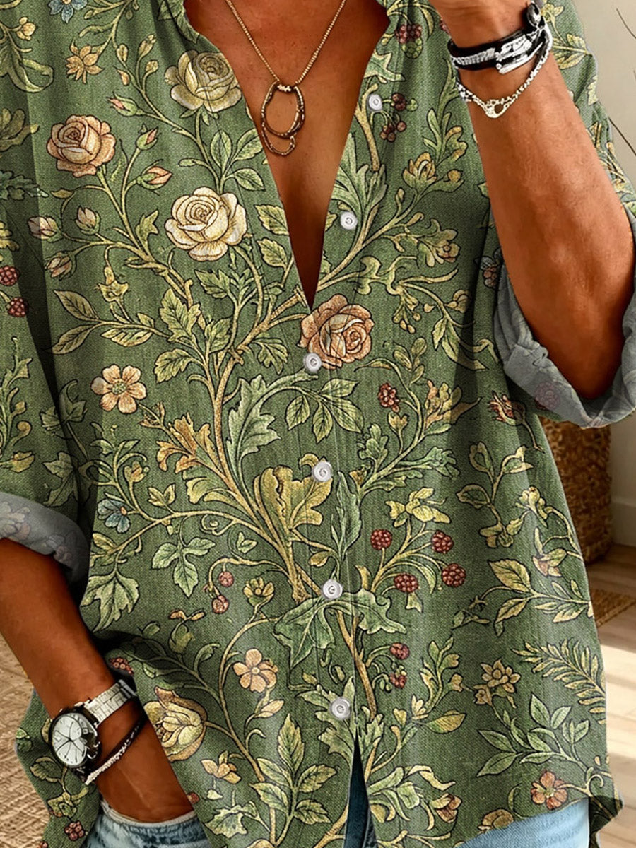 Women's Floral Pattern Art Print Casual Long Sleeve Linen Shirt