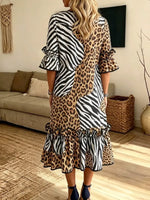 Retro Leopard Patchwork Pattern Art Print Casual Ruffle Stylish Cotton Linen Dress