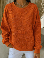 Women Rust Embossed Pumpkin Maple Leaf Pattern Crewneck Sweatshirt