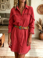 Women's Fringe Trim Linen-Blend Shirt Dress