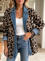 Retro Leopard Pattern Art Casual Denim Patchwork Stylish Long Sleeve Coat