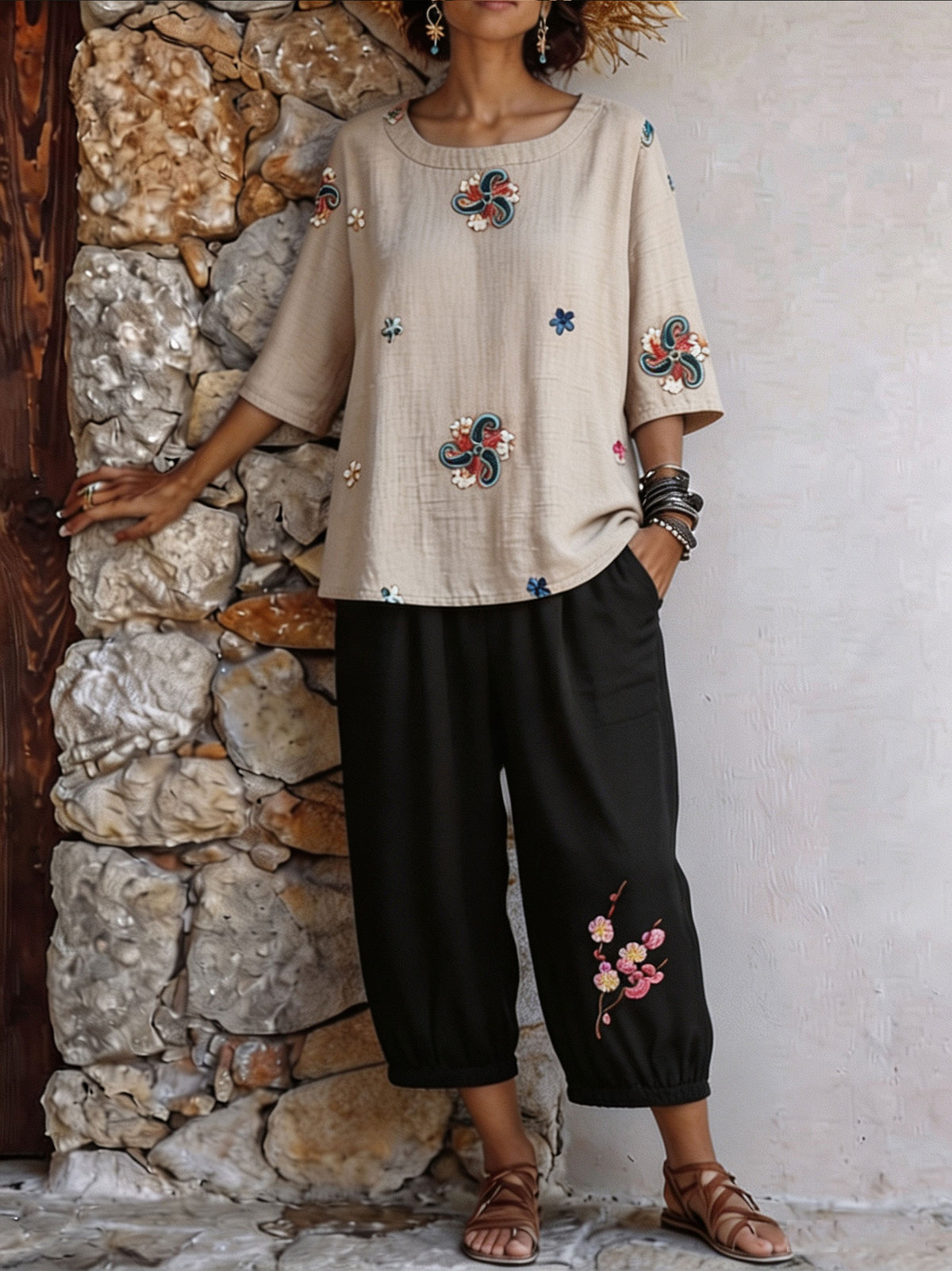 Womens’ Floral Embroidery Three Quarter Sleeve Top & Cropped Jogger Pants Two Piece Set