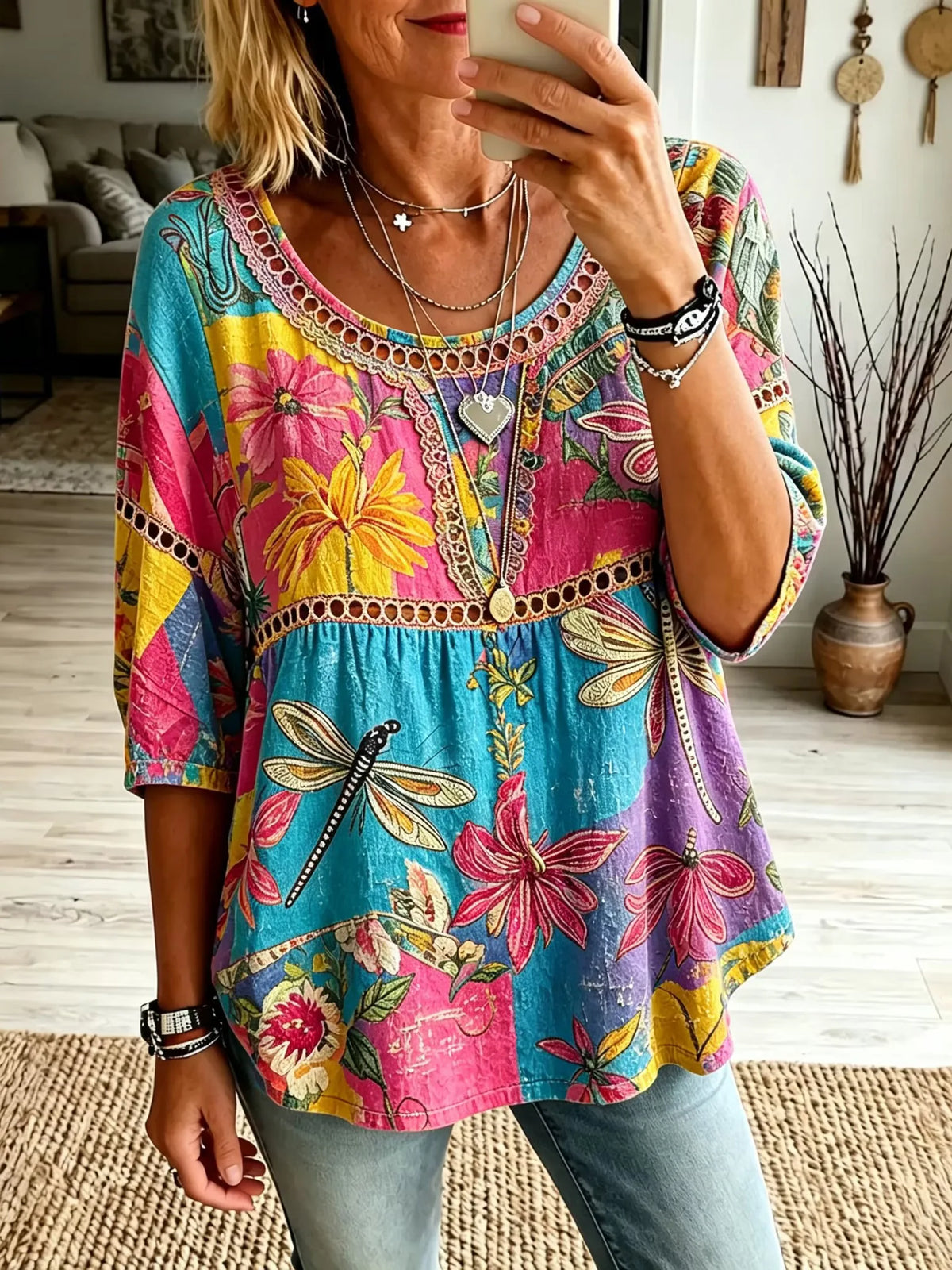 Women's Color Block Dragonfly Big Floral Print Hollow Round Neck 3/4 Sleeve Babydoll Top