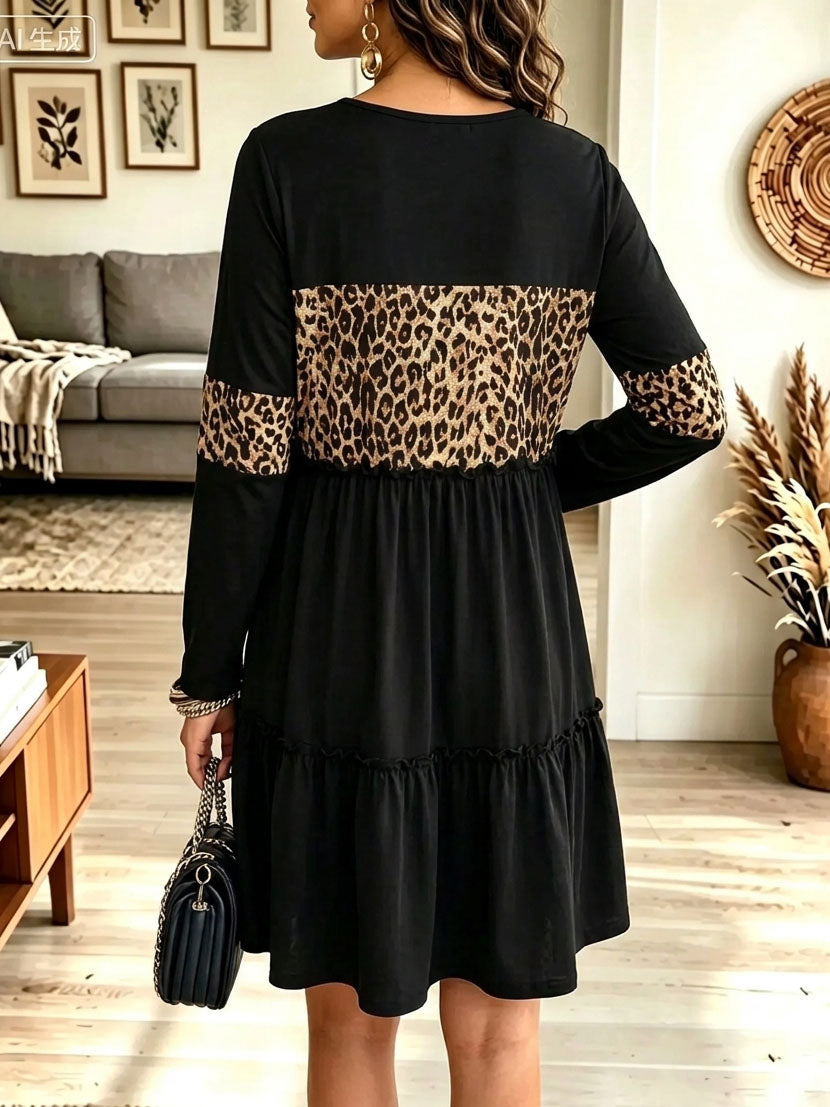 Women's Leopard Contrast Tiered Babydoll Dress