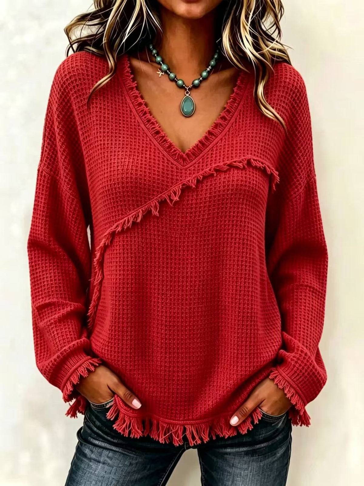 Fringe Trim Waffle Knit V‑Neck Sweater, Women Long Sleeve Loose Pullover Top
