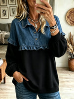 Women's Denim Patchwork Ruffle Sweatshirt