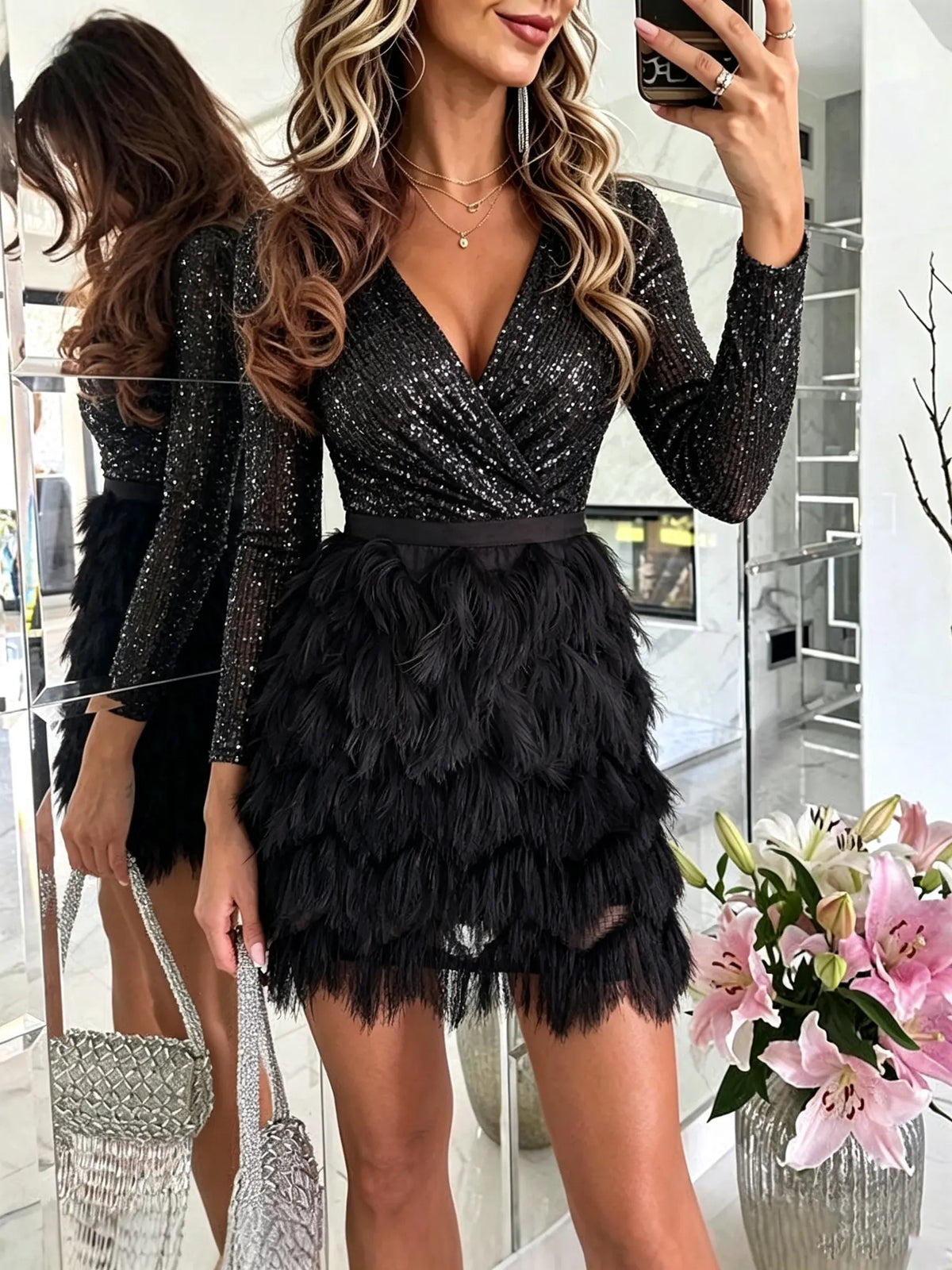 Women's Sequin Wrap Feather Fringe Mini Dress