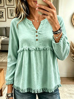 Women's Fringe Trim Henley Babydoll Blouse