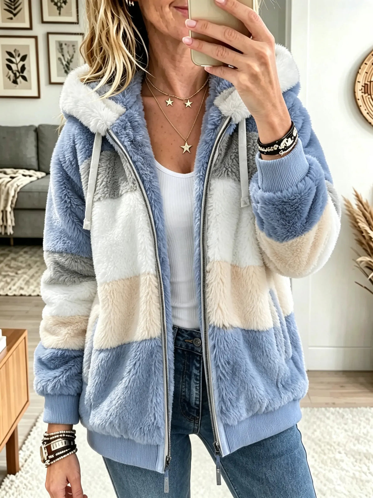 Women's Color-Block Plush Fleece Hooded Jacket