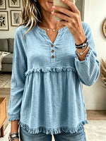 Women's Fringe Trim Henley Babydoll Blouse