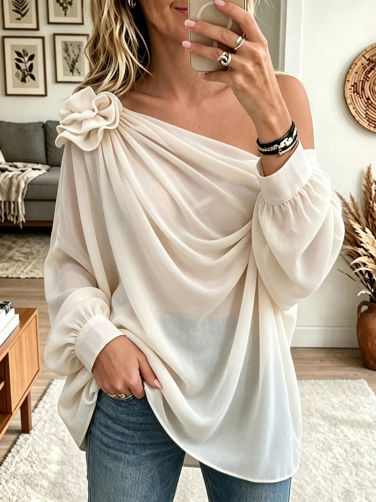 Women's 3D Floral One-Shoulder Draped Chiffon Blouse