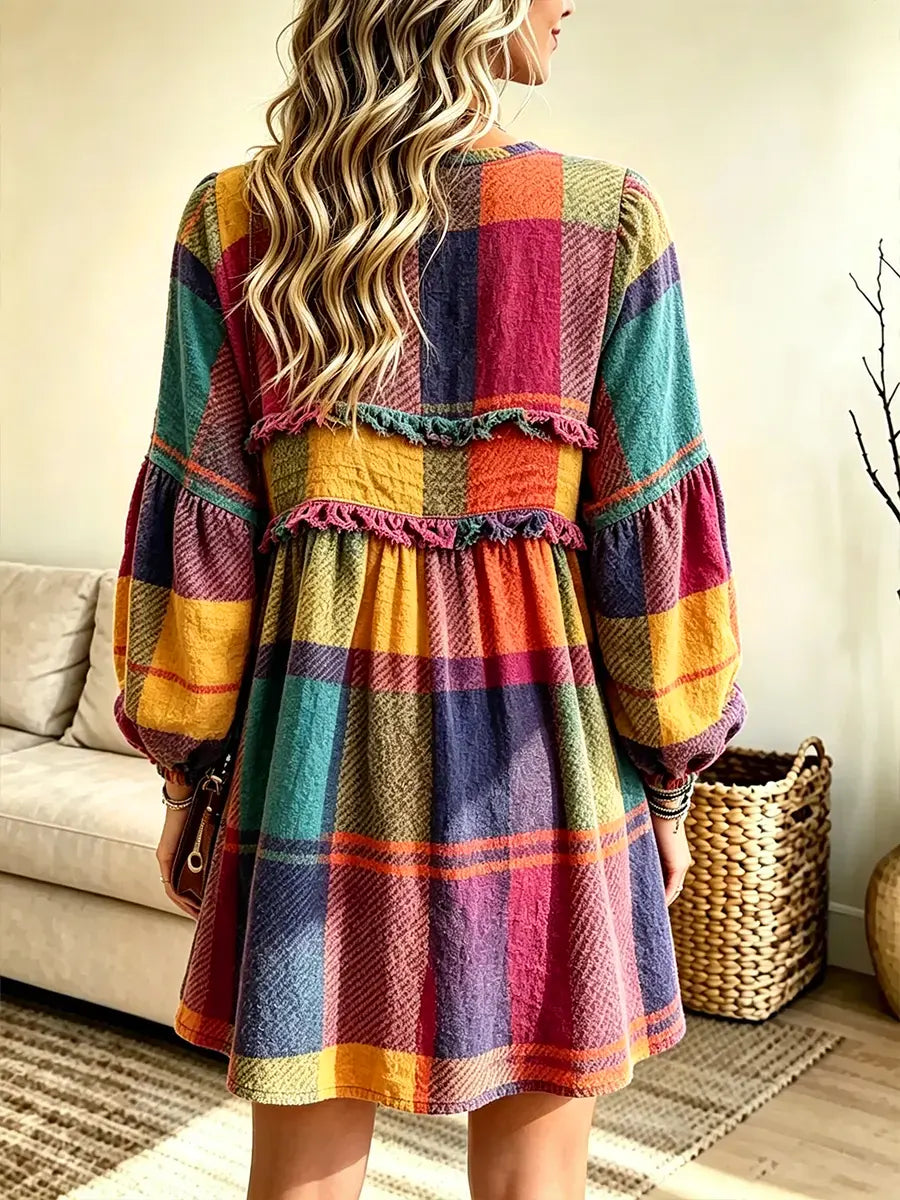 Women's Colorful Plaid Long Sleeve Mini Dress