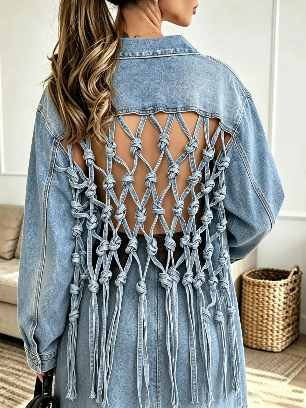 Women's Macrame Cutout Fringe Denim Jacket