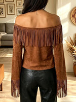 Women's Off-the-Shoulder Fringe Bell Sleeve Suede Top
